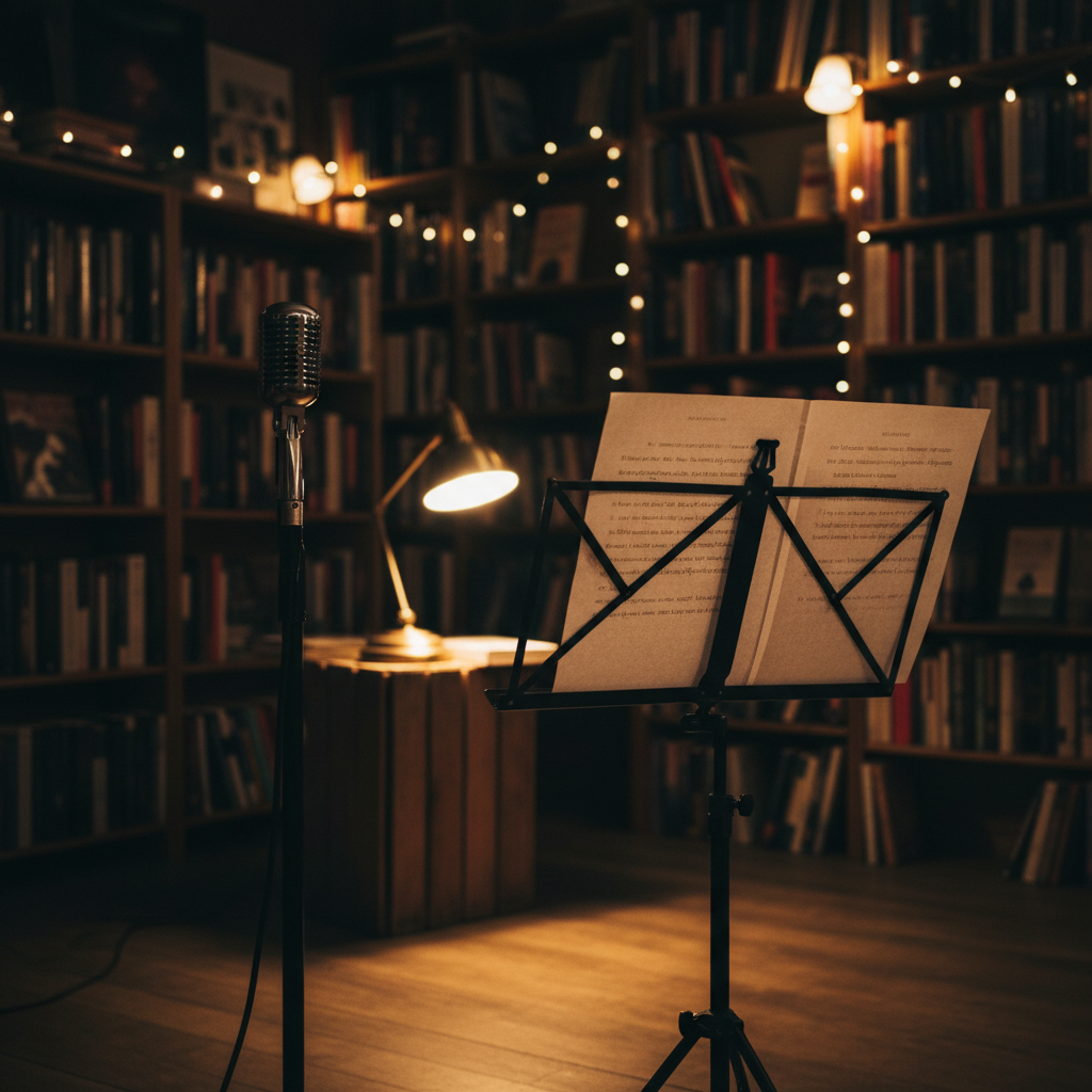 A small performance area improvised in the back of an independent bookstore: a simple black metal music stand holding printed pages of a script, a vintage microphone on a stand, and a single bright desk lamp casting a warm pool of light over the crinkled paper. Behind, tall mismatched bookshelves fade into soft bokeh, book spines in rich jewel tones. The photograph is composed from a low, stage-level angle, making the stand feel like the quiet star of the scene. The rest of the shop is dim, with pockets of golden light from wall sconces, creating a cozy, slightly theatrical mood that hints at live readings and skit nights without any visible people.
